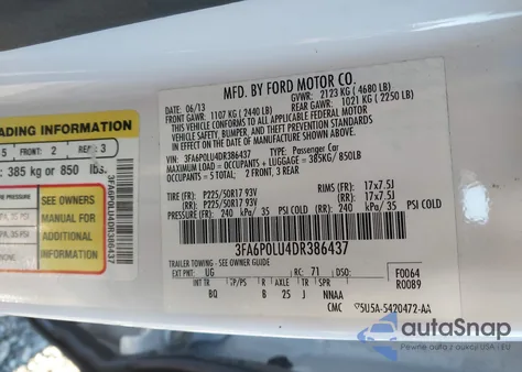 2013 Ford Fusion Hybrid Se from USA, damaged, VIN 3FA6P0LU4DR386437